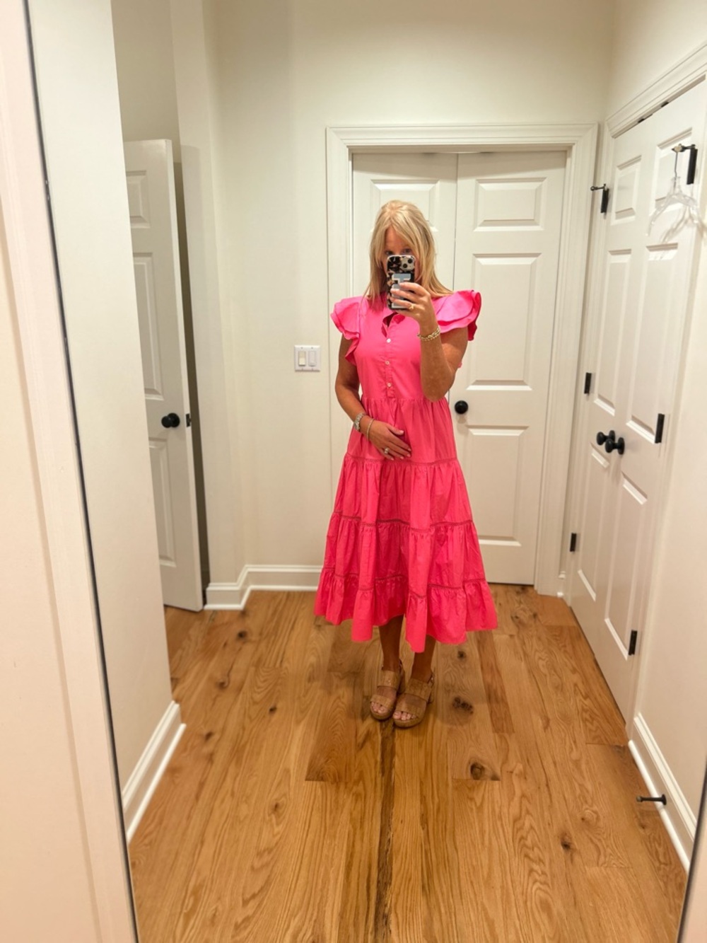 Avara Bright Pink Flutter Sleeve Tiered Midi Dress small